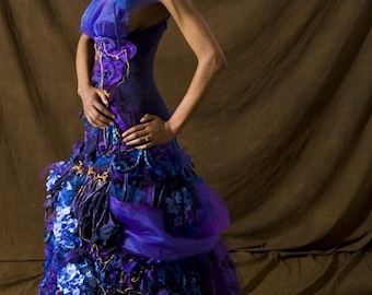 Madame X  Wedding Dress Ultraviolet Couture Crochet Eco Friendly Organic Cotton Bustle by Krisztina Lazar