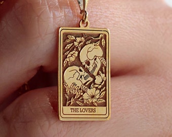14K Solid Gold Lovers Tarot Card Necklace, Dainty Skeleton Couple Necklace, Handmade Skull Necklace, Unisex Gothic Necklace, Gift for Her