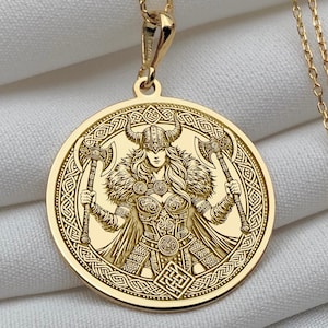 14K Solid Gold Viking Warrior Round Pendant Necklace, Mythological Gold Jewelry, Symbol of Strength and Protection, Unisex Gift