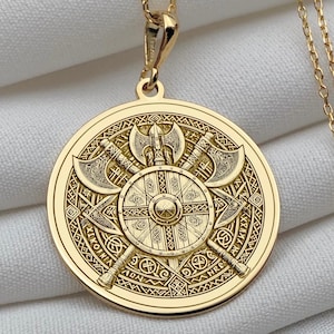 14k Solid Gold Viking Shield Pendant Necklace - Norse Warrior Amulet - Nordic Symbol Medallion - Men's Gold Necklace - Handmade Gift for Him