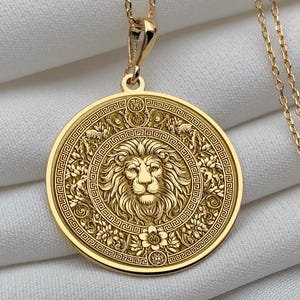14K Solid Gold Lion Medallion Necklace – Regal Power Pendant – Zodiac Leo Gift – Symbol of Strength and Courage