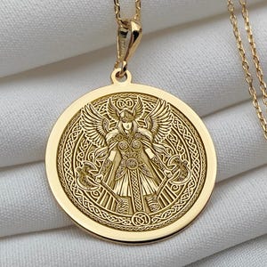 14K Gold Viking Warrior Angel Necklace,Celtic Engraved Unisex Round Pendant,Mythological Jewelry,Men & Women Gift