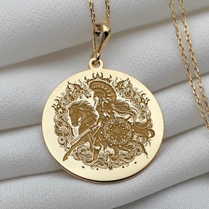 14K Gold Greek Goddess Necklace, Dainty Athena Engraved Necklace, Minimalist Jewelry, Statement Charm Necklace, Women Gift