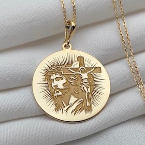 14K Gold Jesus Christus Charm Halskette, kleiner religiöser christlicher Kreuz Anhänger, katholischer Schmuck, handgemachte Kruzifix Halskette, Geschenk für ihn sie