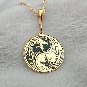 Yin Yang Dragon Pendant, 14K Solid Gold Chinese Mythology Necklace, Tiny Dragon Charm Necklace, Handmade Spiritual Necklace, Gift for Him