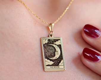 14K Gold The Moon Tarot Card Necklace, Dainty Moon Engraved Necklace, Handmade Celestial Necklace, Statement Necklace, Mothers Day Gift