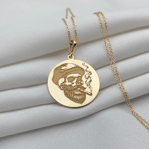 14K Gold Pirate Skull Pendant Necklace, Minimalist Gothic Smoker Skull Necklace, Punk Jewelry, Tiny Skeleton Charm Neckace, Gift for Him