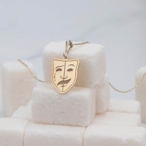 14K Gold Comedy and Tragedy Mask Necklace, Handmade Theatre Masks Necklace, Comedy and Drama Charm Necklace, Actor Necklace, Actress Gift