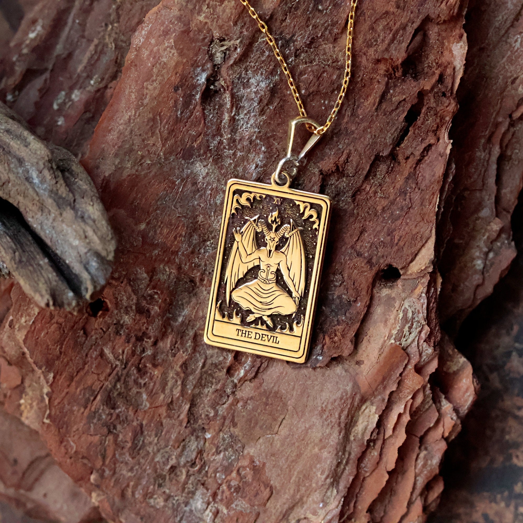 The Devil Necklace, 14K Solid Gold Tarot Card Necklace, Dainty Spiritual Necklace, Unisex Gothic Necklace, Celestial Necklace, Gift for Him