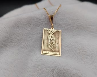 14K Gold Couple Hands Necklace: Dainty Tarot Card Pendant