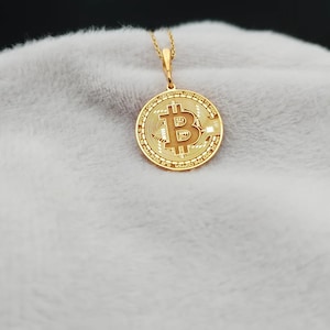 14k Solid Gold Bitcoin Necklace: Geometric Crypto Charm