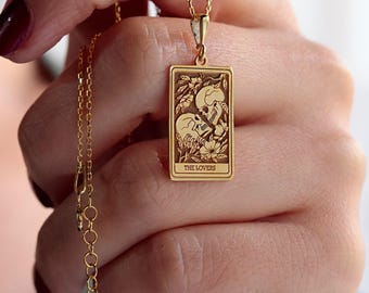 14K Solid Gold Lovers Tarot Card Necklace: Skeleton Couple Gothic Jewelry