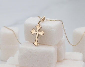 14K Gold Orthodox Cross Necklace: Dainty Christian Jewelry