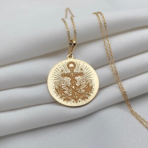 14K Gold Anchor Pendant Necklace, Nautical Engraved Coin Necklace, Maritime Jewelry, Dainty Sea Lover Charm Necklace, Ocean Lover Gift