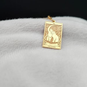 Collar con la carta del Tarot de los Enamorados, collar con gatos grabados en oro macizo de 14 quilates, collar con una pequeña pareja de gatos, collar con una adorable mascota, regalo de aniversario