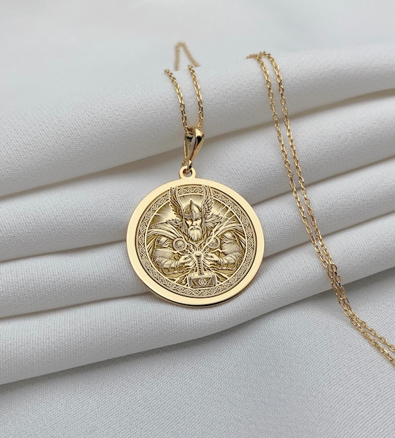 14K Gold Viking Thor Necklace: Engraved Norse Medallion Pendant