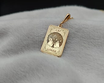 14K Solid Gold Cat Necklace, Tiny Cats Engraved Tarot Card Necklace, Cat Lover Necklace, Cat Charm Necklace, Animal Necklace, Daughter Gift