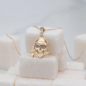14K Gold Pirate Necklace, Handmade Pirate Skull Necklace, Unisex Gothic Necklace, Dainty Punk Necklace, Tiny Skull Pendant, Husband Gift