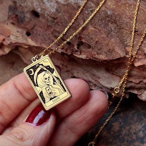 14K Gold Death Tarot Card Necklace, Handmade Gothic Skull Pendant