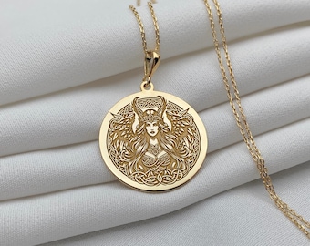 14K Solid Gold Valkyrie Engraved Pendant, Dainty Nordic Mythology Charm Necklace, Warrior Goddess Coin Necklace, Unique Gift for Him