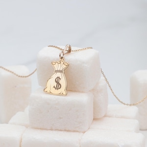 Collana con sacco porta soldi in oro 14K, collana con simbolo del dollaro, collana minimalista con denaro, collana per amanti del denaro, collana con dollaro, regalo per fidanzato