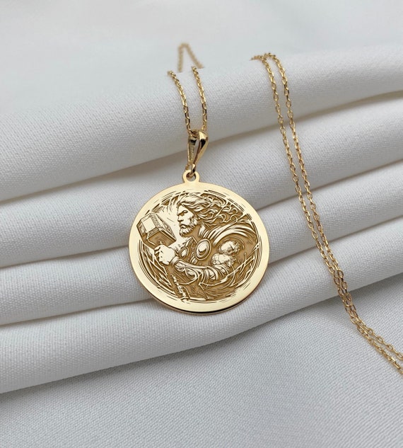 14K Gold Thor Charm Necklace, Dainty Norse Viking Warrior Pendant