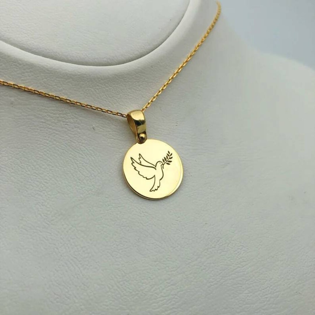 14K Gold Dove Necklace, Dove With Olive Branch Necklace, Tiny Peace ...