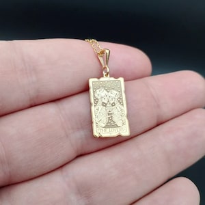 Collar de cartas del Tarot de los Enamorados con Esqueleto, Collar de Pareja de Oro Sólido de 14 K, Collar Gótico de Calavera Unisex, Collar del Tarot de los Enamorados, Regalo Romántico