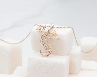 14K Gold Geometric Dragon Necklace: Origami Style, Handmade