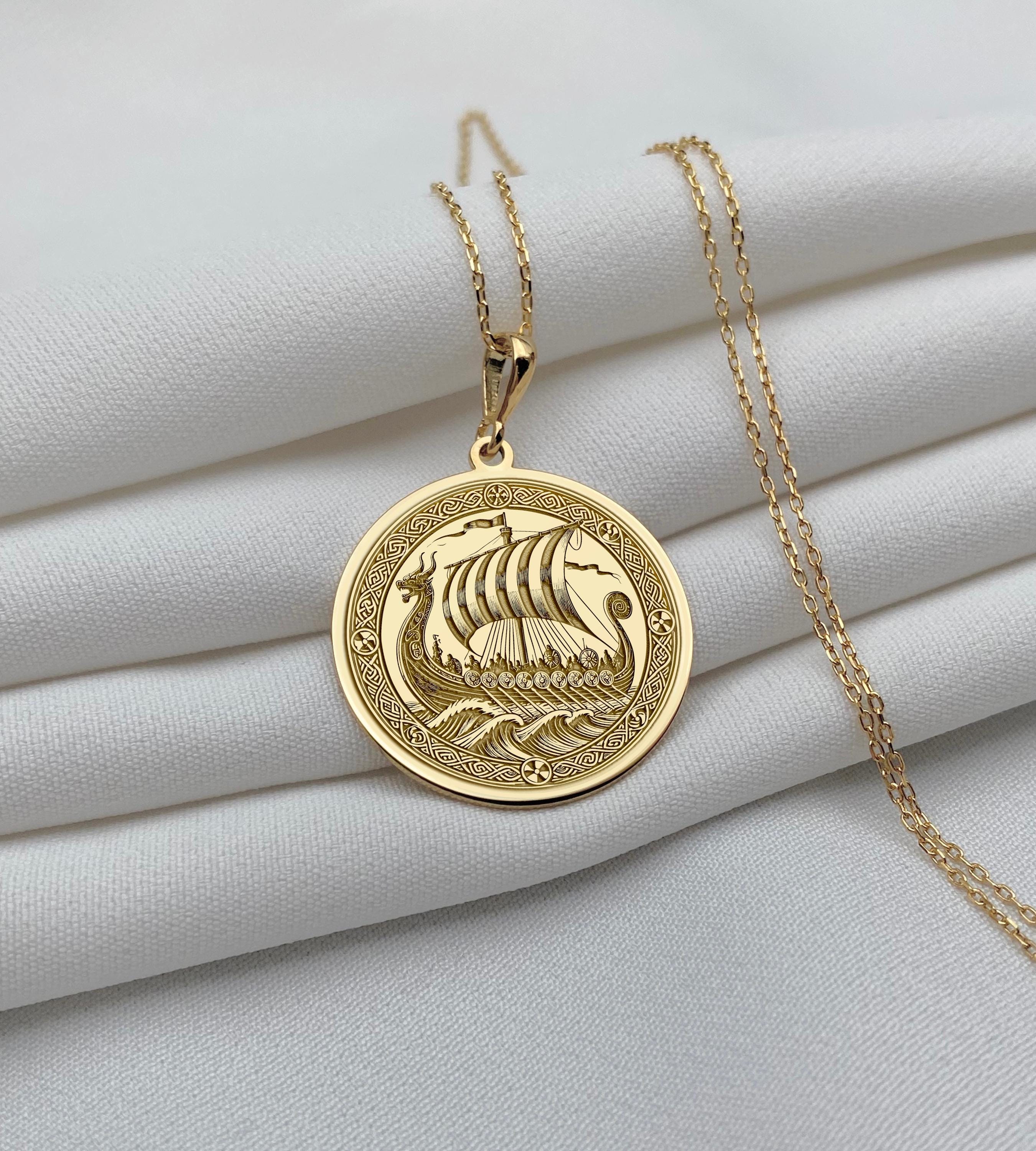 14K Solid Gold Norse Pendant – Viking Ship Necklace – Historical Viking Jewelry for Men – Nordic Longship Medallion