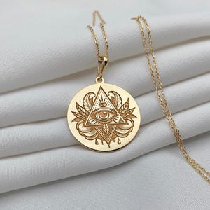 14K Gold Eye of Providence Necklace: Engraved Spiritual Pendant