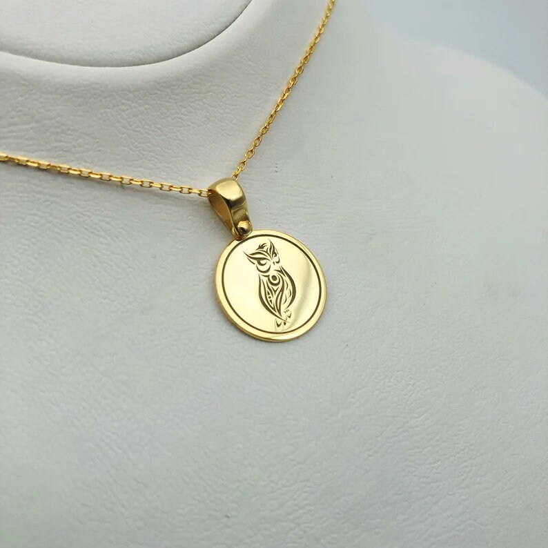 Owl Necklace, 14K Solid Gold Owl Engraved Necklace, Wild Bird Charm Necklace, Minimalist Animal Neck