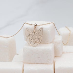 Origami Cat Necklace, 14K Solid Gold Wild Cat Necklace, Minimalist Pet Necklace, Handmade Geometric Animal Necklace, Cat Lover Gift