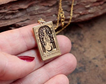 14K Gold High Priestess Tarot Card Necklace: Engraved Celestial Pendant