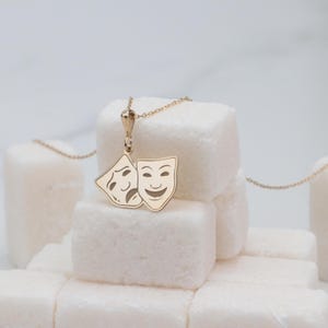 14K Gold Theatre Masks Necklace, Comedy and Tragedy Masks Necklace, Handmade Cinema Necklace, Minimalist Actress Necklace, Actress Gift