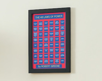 Póster imprimible de 48 leyes del poder, diseño clásico de póster de Robert Greene (enmarcado en azul + versión sin marco)