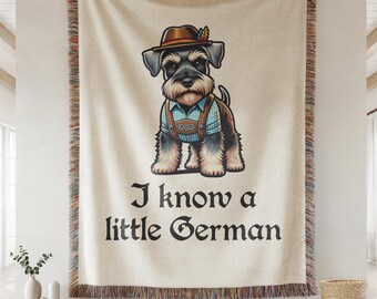Cozy Schnauzer Blanket - Dog Wearing Lederhosen Woven Blanket, Gift for Pet Lover, Unique Gift Idea for Dog Owner, German Themed Gift