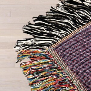 Close up of colorful edge fringe on Dog Mom blanket.