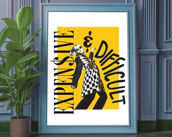 Gele maximalistische modekunstprint, eclectische wanddecoratie voor een galerie (digitale download)