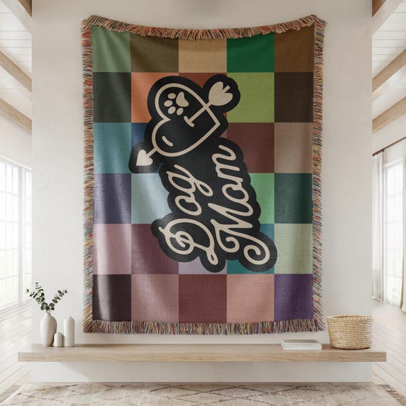 Dog Mom Blanket - Checkerboard Woven Lap Blanket, Cozy Dog-Themed Gift Throw