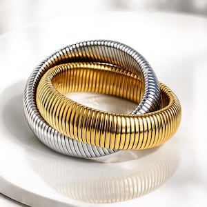 Ribbed Bangle Bracelet - Stainless Steel Interlocking Stack