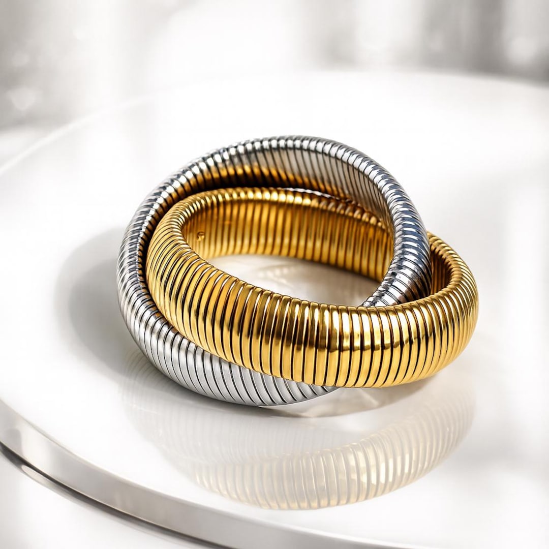 Ribbed Bangle Bracelet - Stainless Steel Interlocking Stack - Etsy