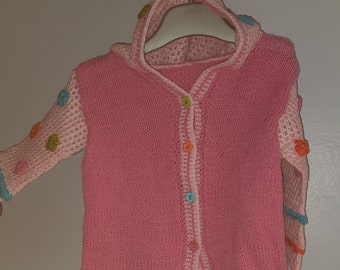 Knitted hoodie cardigan for girls aged 3-5 years.