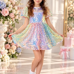 May include: A short-sleeved dress covered in iridescent, multi-colored sequins that shimmer with pink, blue, and yellow hues. The dress features a round neckline, puffed sleeves, and a flared skirt, paired with white ruffled socks and metallic shoes.