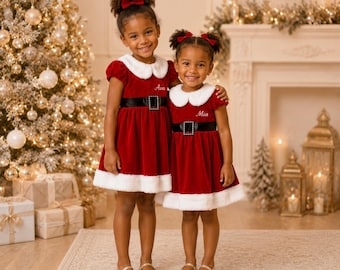 Personalized Girls Christmas Dress, Red Velvet Santa Dress, Toddler Holiday Dress, Custom Name Christmas Outfit, Girls Santa Claus Dress