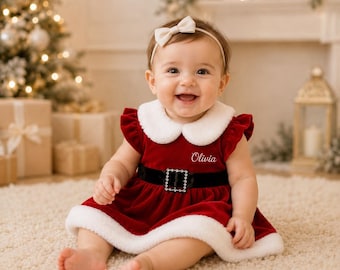 Baby Girl Christmas Dress, Personalized Baby Santa Dress, My First Christmas Outfit, Red Velvet Holiday Dress, Infant Christmas Outfit
