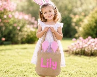 Personalized Bunny Easter Basket, Easter Egg Hunt Bag for Kids, Custom Name Burlap Basket, Bunny Ears Basket, Boys Girls Easter Gift