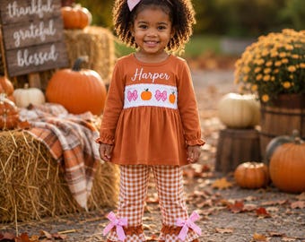 PRE-ORDER! Personalized Pumpkin Outfit Girl, Toddler Thanksgiving Outfit, Baby Girl Fall Clothes, Gingham Ruffle Pants Set