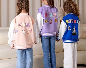 Custom Patches Varsity Jacket, Bomber jacket with Name, Unicorn jacket, Birthday gift, Unicorn Patches jacket for girls, Personalized jacket
