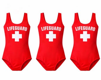 Kids Lifeguard Swimsuit One Piece, Red Lifeguard Costume for Girls, Halloween Lifeguard Outfit, Beach Pool Party Swimwear, Custom Text